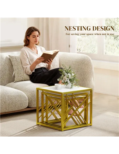 HOMCOM Nesting Coffee Tables, Set of 3 Square Side Tables with Black Metal Frame, for Living Room, Bedroom and Office, White