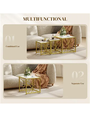 HOMCOM Nesting Coffee Tables, Set of 3 Square Side Tables with Black Metal Frame, for Living Room, Bedroom and Office, White