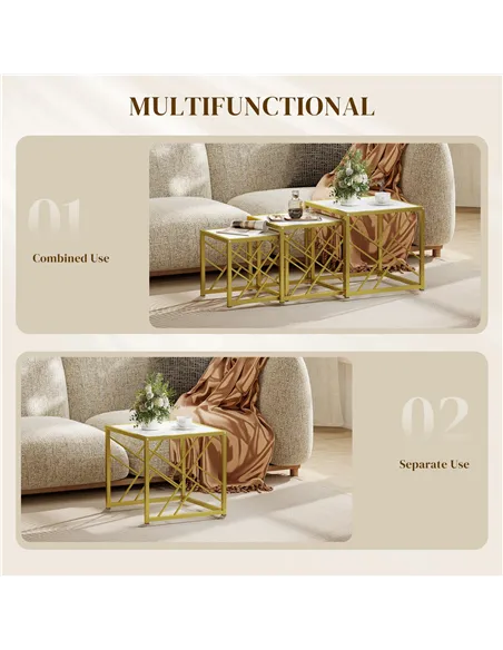 HOMCOM Nesting Coffee Tables, Set of 3 Square Side Tables with Black Metal Frame, for Living Room, Bedroom and Office, White