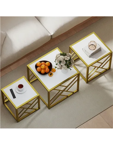 HOMCOM Nesting Coffee Tables, Set of 3 Square Side Tables with Black Metal Frame, for Living Room, Bedroom and Office, White
