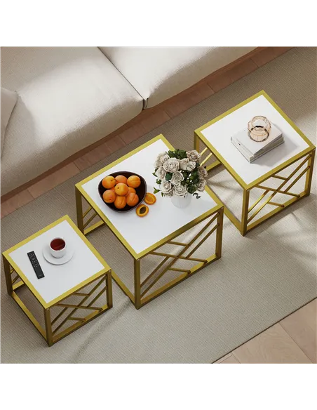 HOMCOM Nesting Coffee Tables, Set of 3 Square Side Tables with Black Metal Frame, for Living Room, Bedroom and Office, White