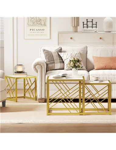 HOMCOM Nesting Coffee Tables, Set of 3 Square Side Tables with Black Metal Frame, for Living Room, Bedroom and Office, White