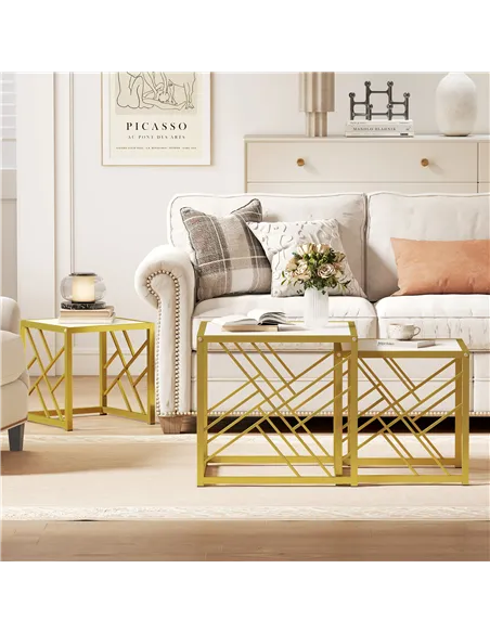 HOMCOM Nesting Coffee Tables, Set of 3 Square Side Tables with Black Metal Frame, for Living Room, Bedroom and Office, White