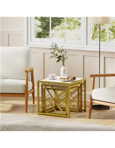 HOMCOM Nesting Coffee Tables, Set of 3 Square Side Tables with Black Metal Frame, for Living Room, Bedroom and Office, White