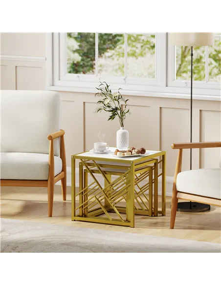 HOMCOM Nesting Coffee Tables, Set of 3 Square Side Tables with Black Metal Frame, for Living Room, Bedroom and Office, White