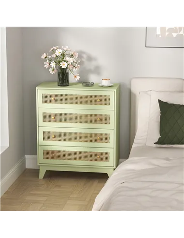 HOMCOM Chest of Drawers, 4-Drawer Storage Organiser Unit with Rattan Element for Bedroom, Living Room, Light Green