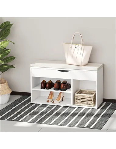 HOMCOM Wooden Shoes Cabinet Bench Hidden Storage Padded Seat Organiser Footwear Rack Hallway White 80 x 30 x 47 cm