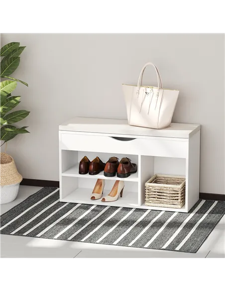 HOMCOM Wooden Shoes Cabinet Bench Hidden Storage Padded Seat Organiser Footwear Rack Hallway White 80 x 30 x 47 cm
