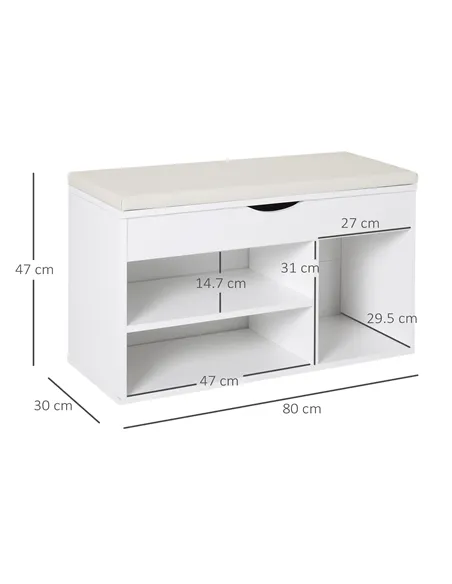 HOMCOM Wooden Shoes Cabinet Bench Hidden Storage Padded Seat Organiser Footwear Rack Hallway White 80 x 30 x 47 cm