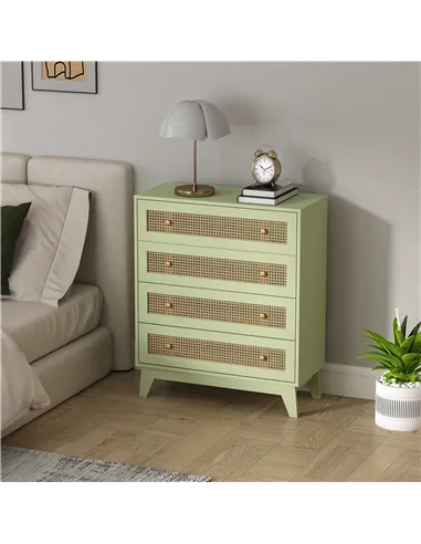 HOMCOM Chest of Drawers, 4-Drawer Storage Organiser Unit with Rattan Element for Bedroom, Living Room, Light Green