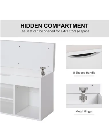 HOMCOM Wooden Shoes Cabinet Bench Hidden Storage Padded Seat Organiser Footwear Rack Hallway White 80 x 30 x 47 cm