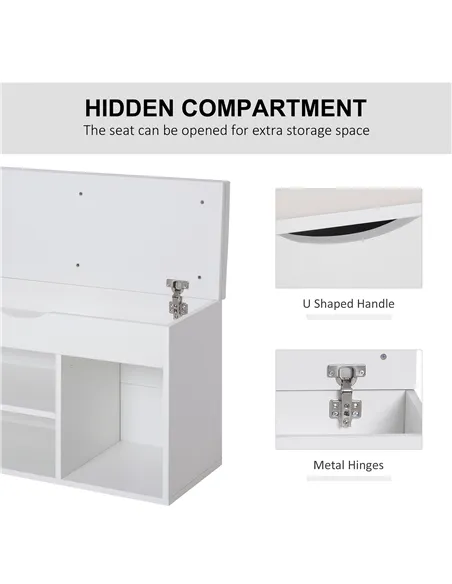 HOMCOM Wooden Shoes Cabinet Bench Hidden Storage Padded Seat Organiser Footwear Rack Hallway White 80 x 30 x 47 cm