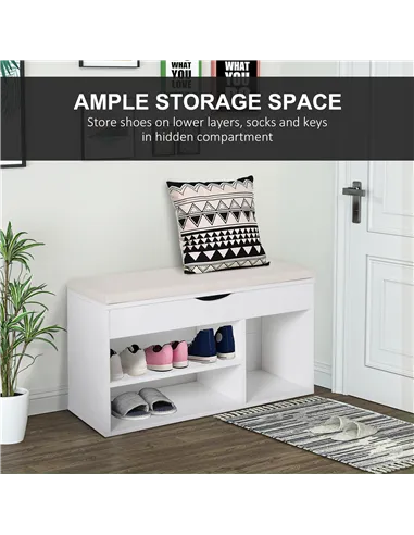 HOMCOM Wooden Shoes Cabinet Bench Hidden Storage Padded Seat Organiser Footwear Rack Hallway White 80 x 30 x 47 cm