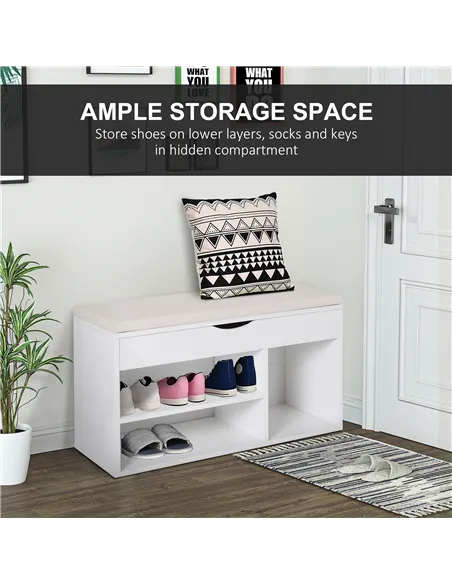 HOMCOM Wooden Shoes Cabinet Bench Hidden Storage Padded Seat Organiser Footwear Rack Hallway White 80 x 30 x 47 cm