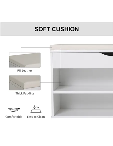 HOMCOM Wooden Shoes Cabinet Bench Hidden Storage Padded Seat Organiser Footwear Rack Hallway White 80 x 30 x 47 cm