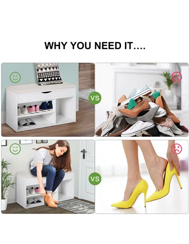 HOMCOM Wooden Shoes Cabinet Bench Hidden Storage Padded Seat Organiser Footwear Rack Hallway White 80 x 30 x 47 cm