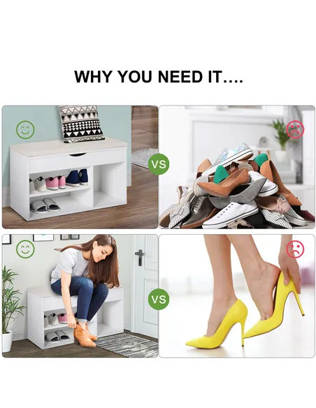 HOMCOM Wooden Shoes Cabinet Bench Hidden Storage Padded Seat Organiser Footwear Rack Hallway White 80 x 30 x 47 cm