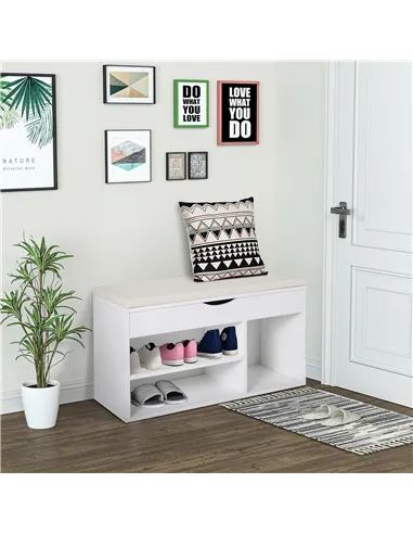 HOMCOM Wooden Shoes Cabinet Bench Hidden Storage Padded Seat Organiser Footwear Rack Hallway White 80 x 30 x 47 cm