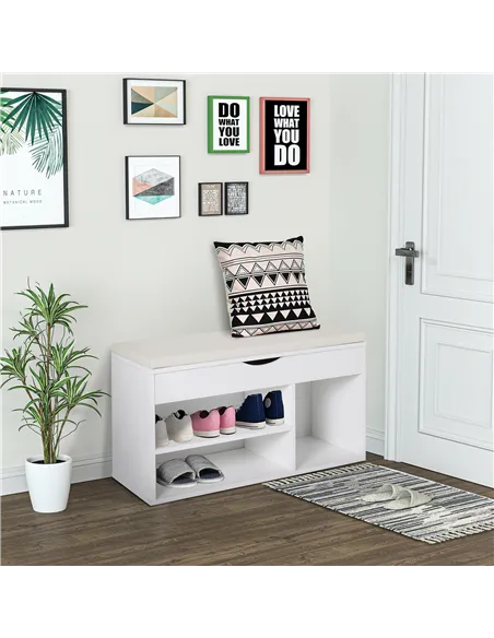 HOMCOM Wooden Shoes Cabinet Bench Hidden Storage Padded Seat Organiser Footwear Rack Hallway White 80 x 30 x 47 cm