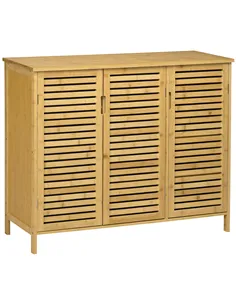 HOMCOM Rustic Shoe Cabinet, 3 Door Shoe Storage Cabinet with 8 Shelves, Natural Wood Finish