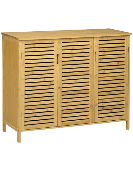 HOMCOM Rustic Shoe Cabinet, 3 Door Shoe Storage Cabinet with 8 Shelves, Natural Wood Finish