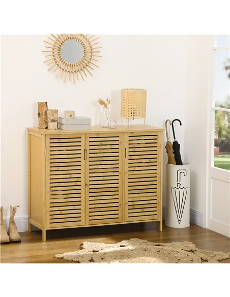 HOMCOM Rustic Shoe Cabinet, 3 Door Shoe Storage Cabinet with 8 Shelves, Natural Wood Finish