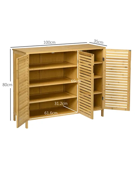 HOMCOM Rustic Shoe Cabinet, 3 Door Shoe Storage Cabinet with 8 Shelves, Natural Wood Finish