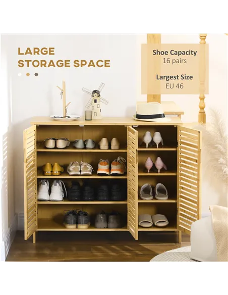 HOMCOM Rustic Shoe Cabinet, 3 Door Shoe Storage Cabinet with 8 Shelves, Natural Wood Finish