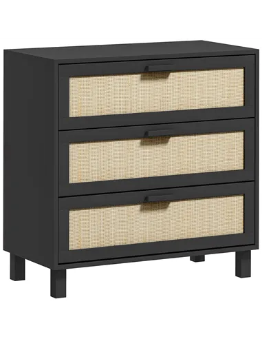 HOMCOM Rattan Bedroom Chest of Drawers, 3 Drawers Storage Unit, Boho Dresser for Living Room, Hallway, Black