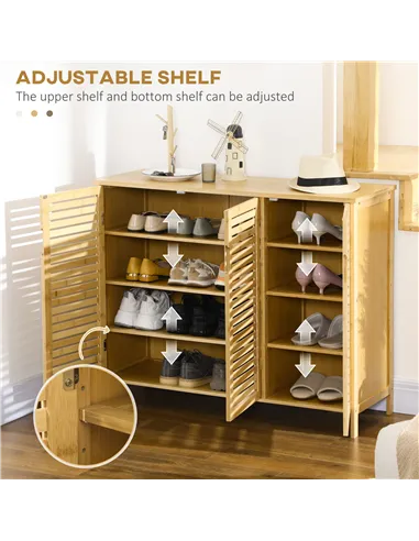 HOMCOM Rustic Shoe Cabinet, 3 Door Shoe Storage Cabinet with 8 Shelves, Natural Wood Finish