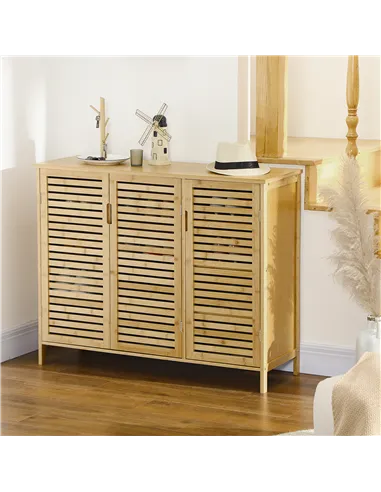 HOMCOM Rustic Shoe Cabinet, 3 Door Shoe Storage Cabinet with 8 Shelves, Natural Wood Finish