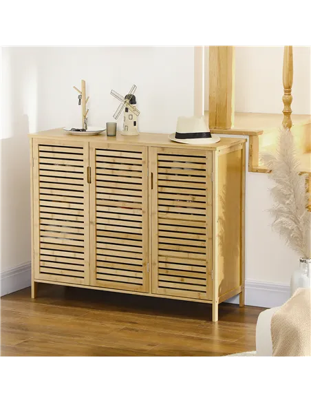 HOMCOM Rustic Shoe Cabinet, 3 Door Shoe Storage Cabinet with 8 Shelves, Natural Wood Finish