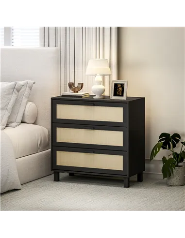 HOMCOM Rattan Bedroom Chest of Drawers, 3 Drawers Storage Unit, Boho Dresser for Living Room, Hallway, Black