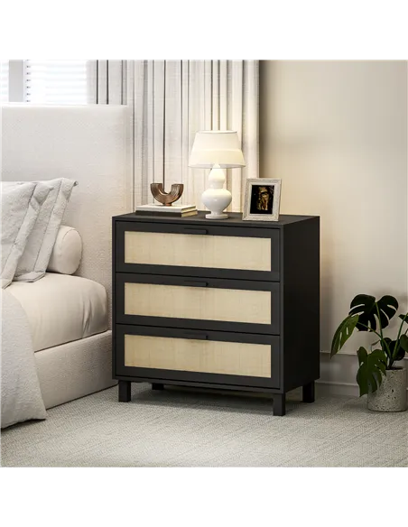 HOMCOM Rattan Bedroom Chest of Drawers, 3 Drawers Storage Unit, Boho Dresser for Living Room, Hallway, Black