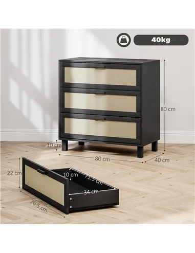 HOMCOM Rattan Bedroom Chest of Drawers, 3 Drawers Storage Unit, Boho Dresser for Living Room, Hallway, Black