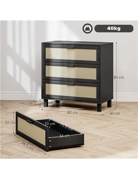 HOMCOM Rattan Bedroom Chest of Drawers, 3 Drawers Storage Unit, Boho Dresser for Living Room, Hallway, Black