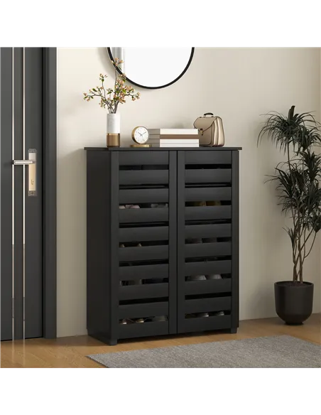 HOMCOM Narrow Shoe Cabinet for Entryway, 5-Tier Slim Shoe Storage Cabinet with 2 Slatted Doors and Adjustable Shelves