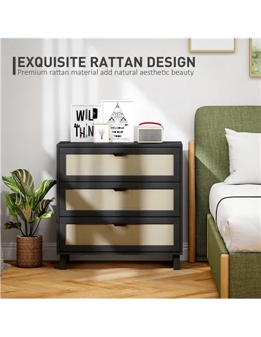 HOMCOM Rattan Bedroom Chest of Drawers, 3 Drawers Storage Unit, Boho Dresser for Living Room, Hallway, Black