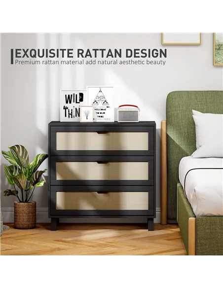 HOMCOM Rattan Bedroom Chest of Drawers, 3 Drawers Storage Unit, Boho Dresser for Living Room, Hallway, Black