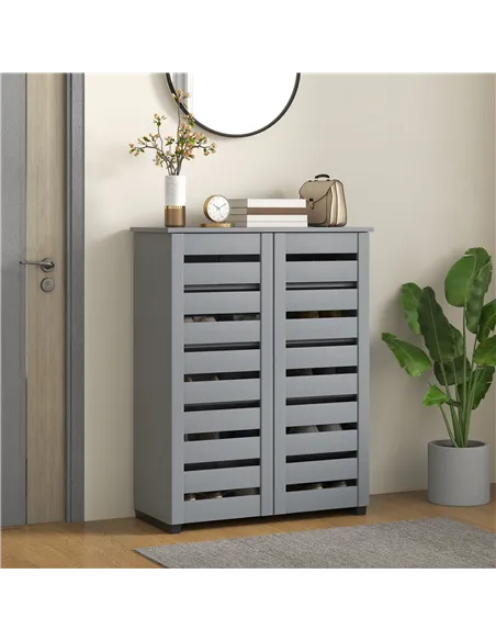 HOMCOM Narrow Shoe Cabinet for Entryway, 5-Tier Slim Shoe Storage Cabinet with 2 Slatted Doors and Adjustable Shelves Grey