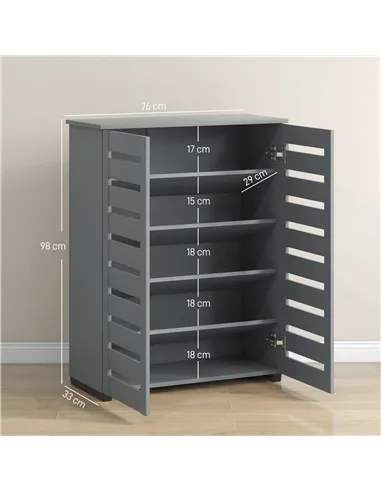 HOMCOM Narrow Shoe Cabinet for Entryway, 5-Tier Slim Shoe Storage Cabinet with 2 Slatted Doors and Adjustable Shelves Grey