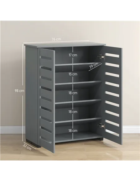 HOMCOM Narrow Shoe Cabinet for Entryway, 5-Tier Slim Shoe Storage Cabinet with 2 Slatted Doors and Adjustable Shelves Grey