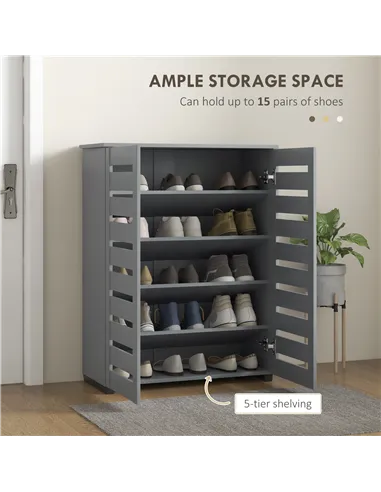 HOMCOM Narrow Shoe Cabinet for Entryway, 5-Tier Slim Shoe Storage Cabinet with 2 Slatted Doors and Adjustable Shelves Grey