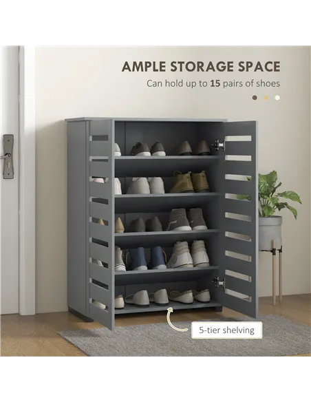 HOMCOM Narrow Shoe Cabinet for Entryway, 5-Tier Slim Shoe Storage Cabinet with 2 Slatted Doors and Adjustable Shelves Grey