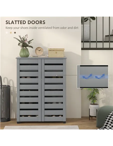 HOMCOM Narrow Shoe Cabinet for Entryway, 5-Tier Slim Shoe Storage Cabinet with 2 Slatted Doors and Adjustable Shelves Grey