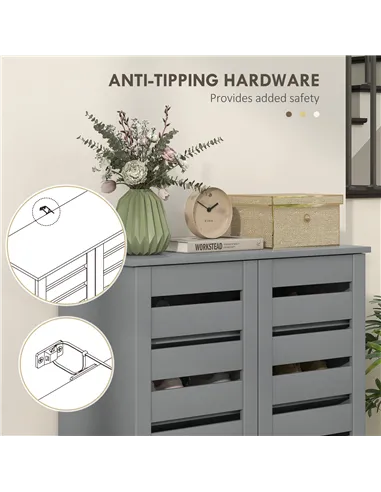 HOMCOM Narrow Shoe Cabinet for Entryway, 5-Tier Slim Shoe Storage Cabinet with 2 Slatted Doors and Adjustable Shelves Grey