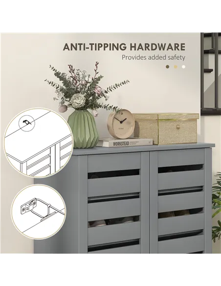 HOMCOM Narrow Shoe Cabinet for Entryway, 5-Tier Slim Shoe Storage Cabinet with 2 Slatted Doors and Adjustable Shelves Grey