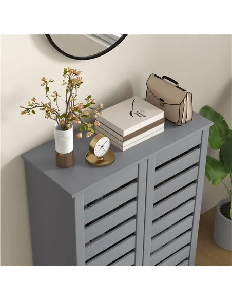 HOMCOM Narrow Shoe Cabinet for Entryway, 5-Tier Slim Shoe Storage Cabinet with 2 Slatted Doors and Adjustable Shelves Grey