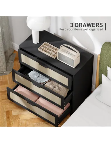 HOMCOM Rattan Bedroom Chest of Drawers, 3 Drawers Storage Unit, Boho Dresser for Living Room, Hallway, Black