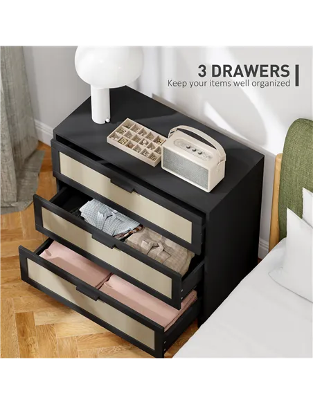 HOMCOM Rattan Bedroom Chest of Drawers, 3 Drawers Storage Unit, Boho Dresser for Living Room, Hallway, Black